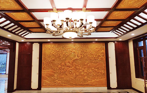 龙文中式别墅客厅中式木作横梁吊顶装饰展示